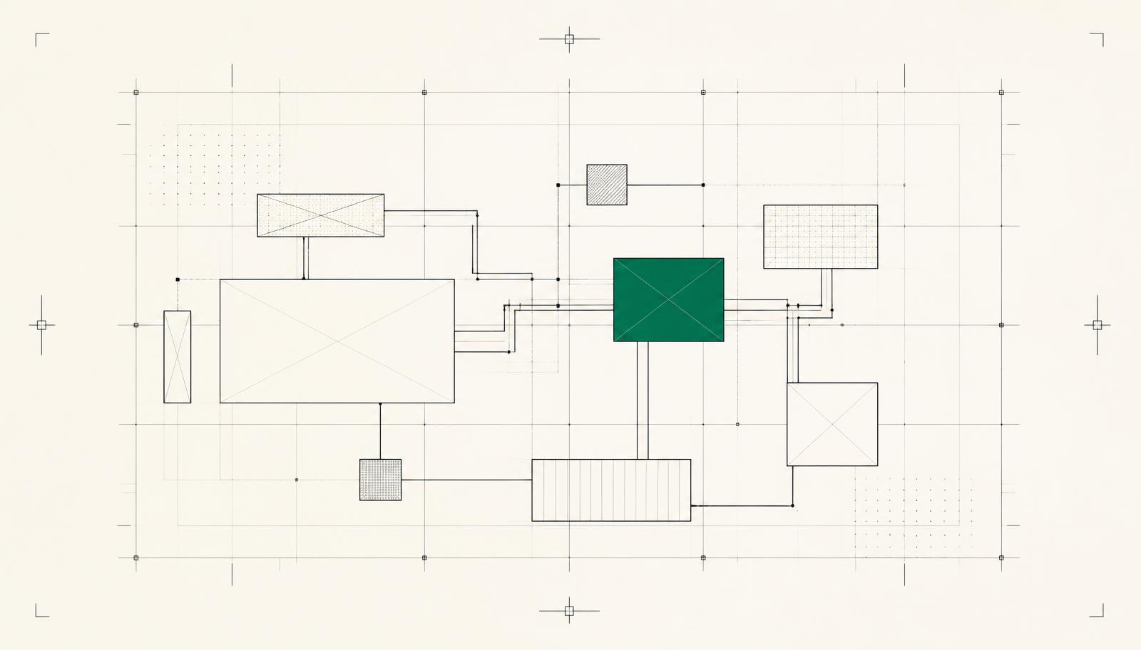 Technical diagram of connected system nodes, one highlighted in emerald
